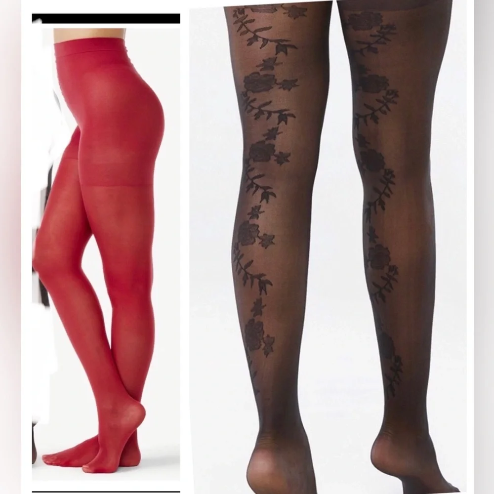 2pk‎ Fun and feminine black floral vine and red Opaque Tights size small new